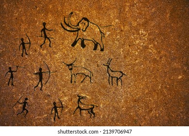 Primitive People Hunt Mammoth Rock Paintings Illustration. Primitive Bow And Spear Hunters Attack Ancient. Cave Painting