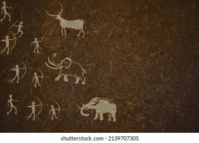 Primitive People Hunt Mammoth Rock Paintings Illustration. Primitive Bow And Spear Hunters Attack Ancient. Cave Painting