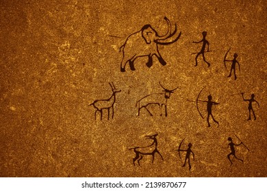 Primitive People Hunt Mammoth Rock Paintings Illustration. Primitive Bow And Spear Hunters Attack Ancient. Cave Painting