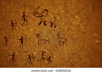 Primitive People Hunt Mammoth Rock Paintings Illustration. Primitive Bow And Spear Hunters Attack Ancient. Cave Painting