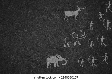 Primitive People Hunt Mammoth Rock Paintings Illustration. Primitive Bow And Spear Hunters Attack Ancient. Cave Painting