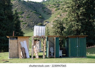 Primitive sanitary facilities in yourt camp in Tien Shan Mountains on Karakol area in Kyrgyzstan, Central Asia