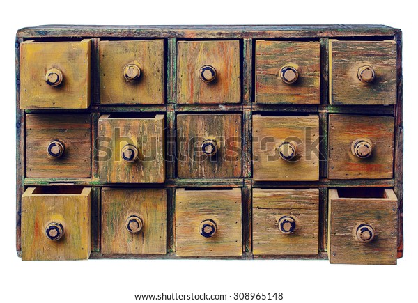 Primitive Wooden Apothecary Catalog Cabinet Partially Stock Photo