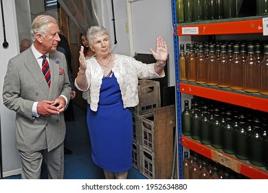 Prince Charles At An Apple Juice Farm In Crickhowell. Prince Charles Visit's John And Margaret Morris In Crickhowell, Powys, Wales, Where They Make Their Own Apple Juice, On The 3rd Of July 2014.
