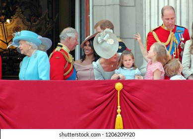 Prince Charles, Queen Elizabeth  London Uk June 2018- Meghan Markle Prince Harry George William Kate Middleton & Princess Charlotte Trooping The Colour Royal Family Buckingham Palace Stock Photo Image