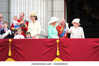 Prince Charles, Queen Elizabeth, London, UK - 8 June 2019: Prince Charles Louis George William Kate Middleton  Princess Charlotte Trooping The Colour At Buckingham Palace Stock Press Photo Image