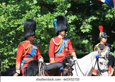 Prince Charles, William, Princess Anne Trooping The Colour, London, UK, - June 17 2017; Prince William, Prince Charles In Trooping The Colour Parade On Horse In Uniform Stock Photo, Stock Photograph, 