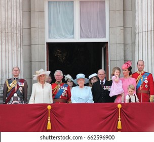 Prince Charles,Queen Elizabeth & Prince Philip London Uk, June 17 2017- Trooping The Colour Prince George, William Philip Balcony, Queen Elizabeth's Birthday, Buckingham Palace Stock Photo Press Image