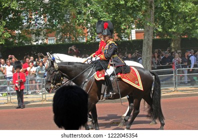 Prince William, Charles With Princess Anne London, UK - 06.12 .2018: Princess Anne Prince William Charles Trooping The Colour Ride Horses Along The Mall London Stock Photo Stock Photograph