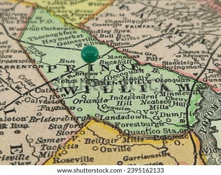 Prince William County, Virginia marked by a green tack on a colorful vintage map. The county seat was located in Brentsville, VA from the year 1820 until 1894.