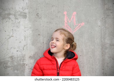 Princess Girl Joy Smile Positive Mood Grunge Background Baby Queen Crown On Head.