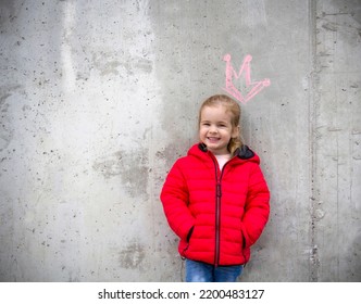 Princess Girl Joy Smile Positive Mood Grunge Background Baby Queen Crown On Head.