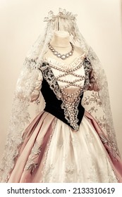 Princess Gown With Embroidered Veil, Historical Fashion, Peach Satin Fabric, Black Beaded Corset And Necklace