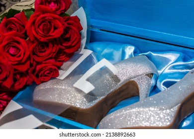 Princess shoe and debutante inside blue wooden box