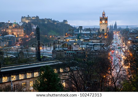 Princess Street Edinburgh Scotland at Dusk
