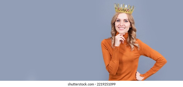 Princess Woman With Crown. Portrait Of Glory. Smiling Blonde Woman In Crown. Self Confident Queen. Expressing Smug. Woman Portrait, Isolated Header Banner With Copy Space.