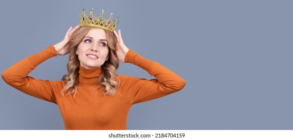 Princess Woman With Crown. Pretty Blonde Woman With Curly Hair Wear Crown, Selfish. Woman Portrait, Isolated Header Banner With Copy Space.