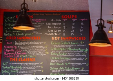 Princeton, New Jersey - April 28, 2019: Colorful Menu Chalk Board Seen At A Local Sandwich Shop On This Date