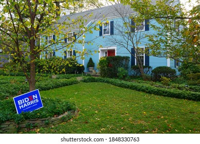 PRINCETON, NJ -15 OCT 2020- View Of A Democratic Biden Harris Lawn Sign During The 2020 Presidential Electoral Campaign In The United States.