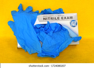 PRINCETON, NJ -30 APR 2020- View Of A Box Of Blue Nitrile Disposable Exam Gloves, Used To Protect Against Germ And Virus Transmission.