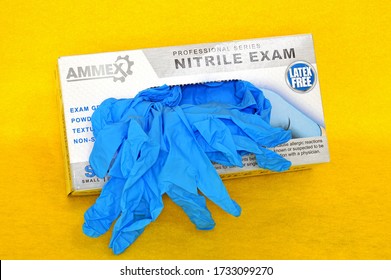 PRINCETON, NJ -30 APR 2020- View Of A Box Of Blue Nitrile Disposable Exam Gloves, Used To Protect Against Germ And Virus Transmission.