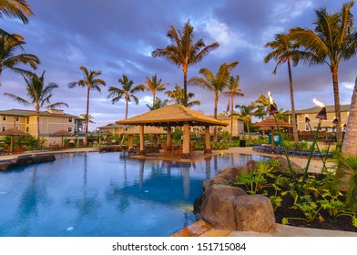 Princeville, Kauai, HI - April 24, 2008 - The Westin Resort Pool And Cabana At Sunset In Princeville On The Tropical Island Of Kauai In Hawaii, USA