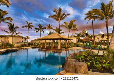 Princeville, Kauai, HI - April 24, 2008 - The Westin Resort Pool And Cabana At Sunset In Princeville On The Tropical Island Of Kauai In Hawaii, USA