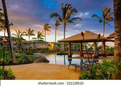 Princeville, Kauai, HI - April 24, 2008 - The Westin Resort Pool And Cabana At Sunset In Princeville On The Tropical Island Of Kauai In Hawaii, USA