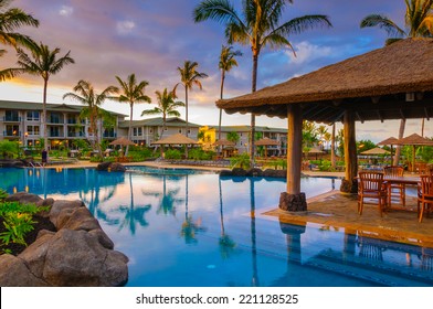 Princeville, Kauai, HI - April 24, 2008 - The Westin Resort Pool And Cabana At Sunset In Princeville On The Tropical Island Of Kauai In Hawaii, USA