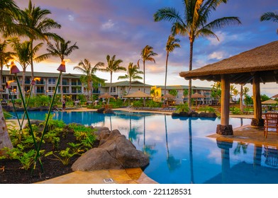 Princeville, Kauai, HI - April 24, 2008 - The Westin Resort Pool And Cabana At Sunset In Princeville On The Tropical Island Of Kauai In Hawaii, USA