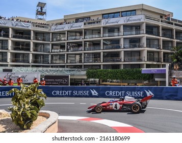 Principality of Monaco - May 14, 2022: The 1971 Ferrari 312 originally driven by Jackie Ickx going through the hairpin turn in front of the Fairmont Hotel during a practice for the Monaco Historic GP.