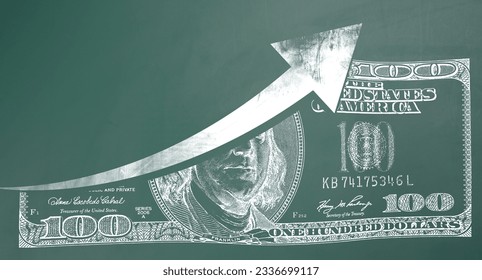 Print of a one hundred-dollar American bill on a green chalkboard and an upward arrow. Concept of inflation increase, currency exchange rate growth