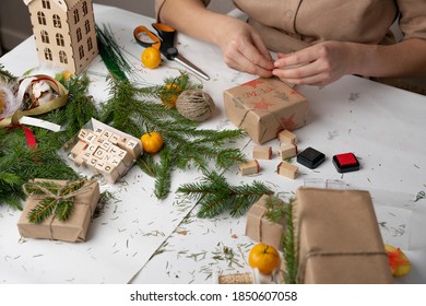 Print Potato Stamps. handmade gift wrapping with an exclusive print pattern. - Powered by Shutterstock