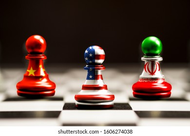 Print Screen Of Flag On Pawn Chess Of USA China And Iran. It Is Symbol Trade And Military War.