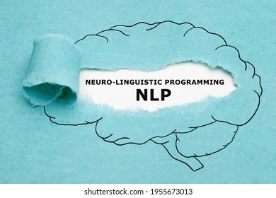 Printed Acronym NLP Neuro Linguistic Programming Appearing Behind Torn Blue Paper In Human Brain Drawing.