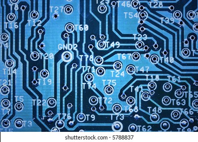 Printed blue circuit texture close up, macro