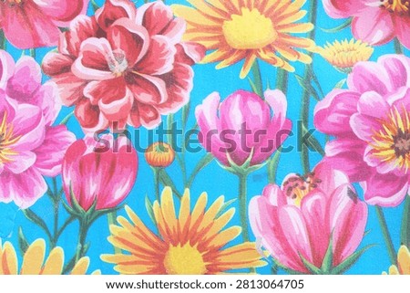 printed blue eva mat features a vibrant pink and yelow floral pattern                                         