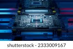 Printed Circuit Board with Advanced Processing Unit inside Component Installation Machine. Top View. Electronic Devices Production Industry. Fully Automated PCB Assembly Line. Conveyor on Factory.