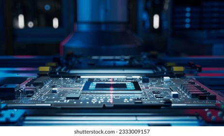 Printed Circuit Board with Advanced Processing Unit inside Component Installation Machine. POV. Electronic Devices Production Industry. Fully Automated PCB Assembly Line. Conveyor on Factory.