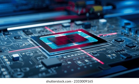 Printed Circuit Board with Advanced Processing Unit. Electronic Devices Production Industry. Fully Automated PCB Assembly Line. Conveyor on Electronics Factory.