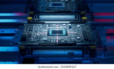 Printed Circuit Board with Advanced Processing Unit inside Component Installation Machine. Top View. Electronic Devices Production Industry. Fully Automated PCB Assembly Line. Conveyor on Factory. - Powered by Shutterstock