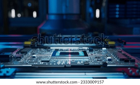Printed Circuit Board with Advanced Processing Unit inside Component Installation Machine. POV. Electronic Devices Production Industry. Fully Automated PCB Assembly Line. Conveyor on Factory.