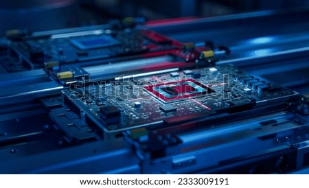 Printed Circuit Board with Advanced Processing Unit. Conveyor on Electronics Factory. Electronic Devices Production Industry. Fully Automated PCB Assembly Line.