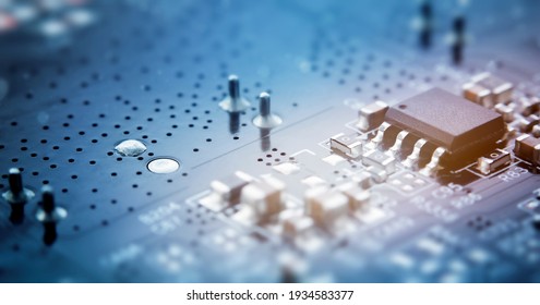 Printed circuit board with electrical components. macro photography