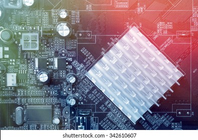 Printed Circuit Board With Electronic Components. Computer And Networking Communication Technology Concept. Toned Image.