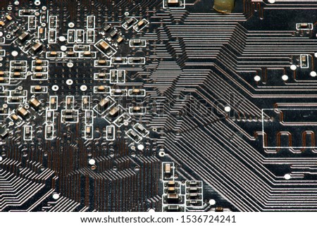 printed circuit board and microchip, or cpu closeup - electronic component for digital equipment, concept for development of electric computer circuits