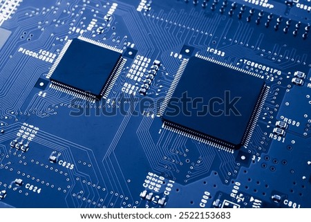 printed circuit. layout of tracks. PCB. processor, chip and electronic components
