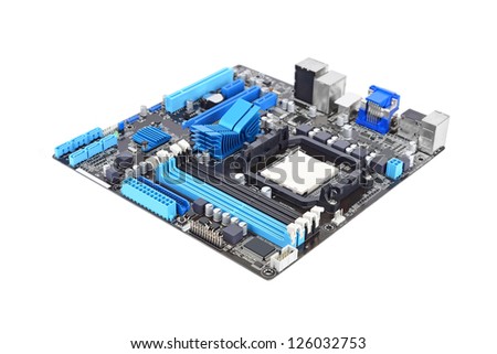 Printed computer motherboard board, isolated on a white background