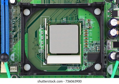 Printed computer motherboard, CPU socket, close up, DOF