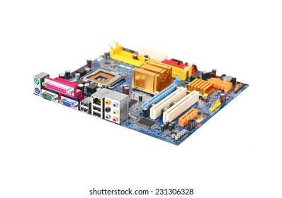 Printed computer motherboard, isolated on white background